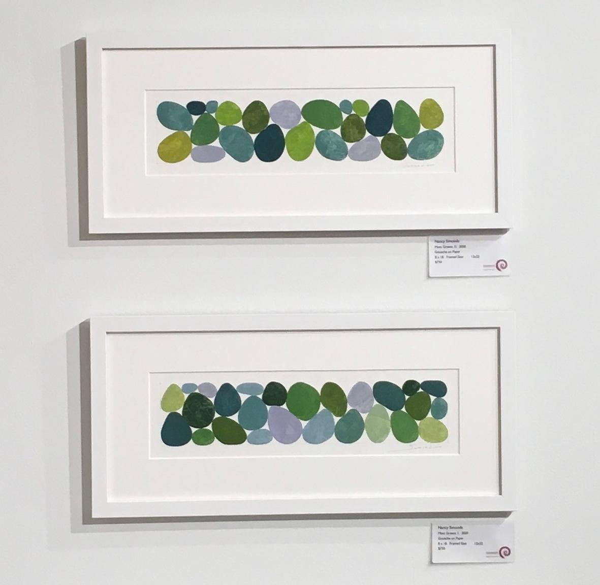 Moss Greens lI, Work on Paper, Gouache, Green, framed, Calming, Original Art - Gray Abstract Painting by Nancy Simonds