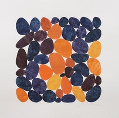 Die lila und orangefarbene Ernte, Arbeit auf Papier, Gouache, Felsen, gerahmt