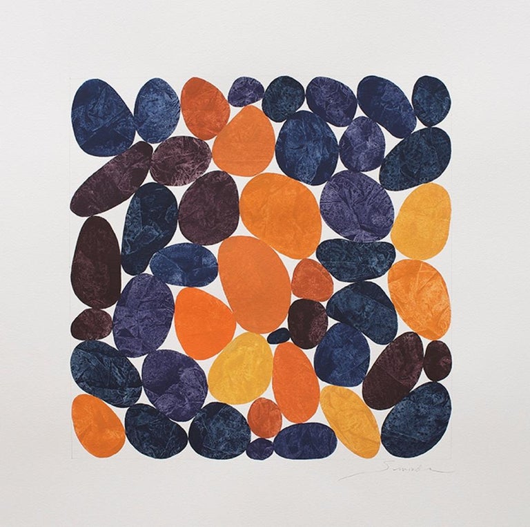 Purple and Orange Harvest, Work on Paper, Gouache, Rocks, Framed - Art by Nancy Simonds
