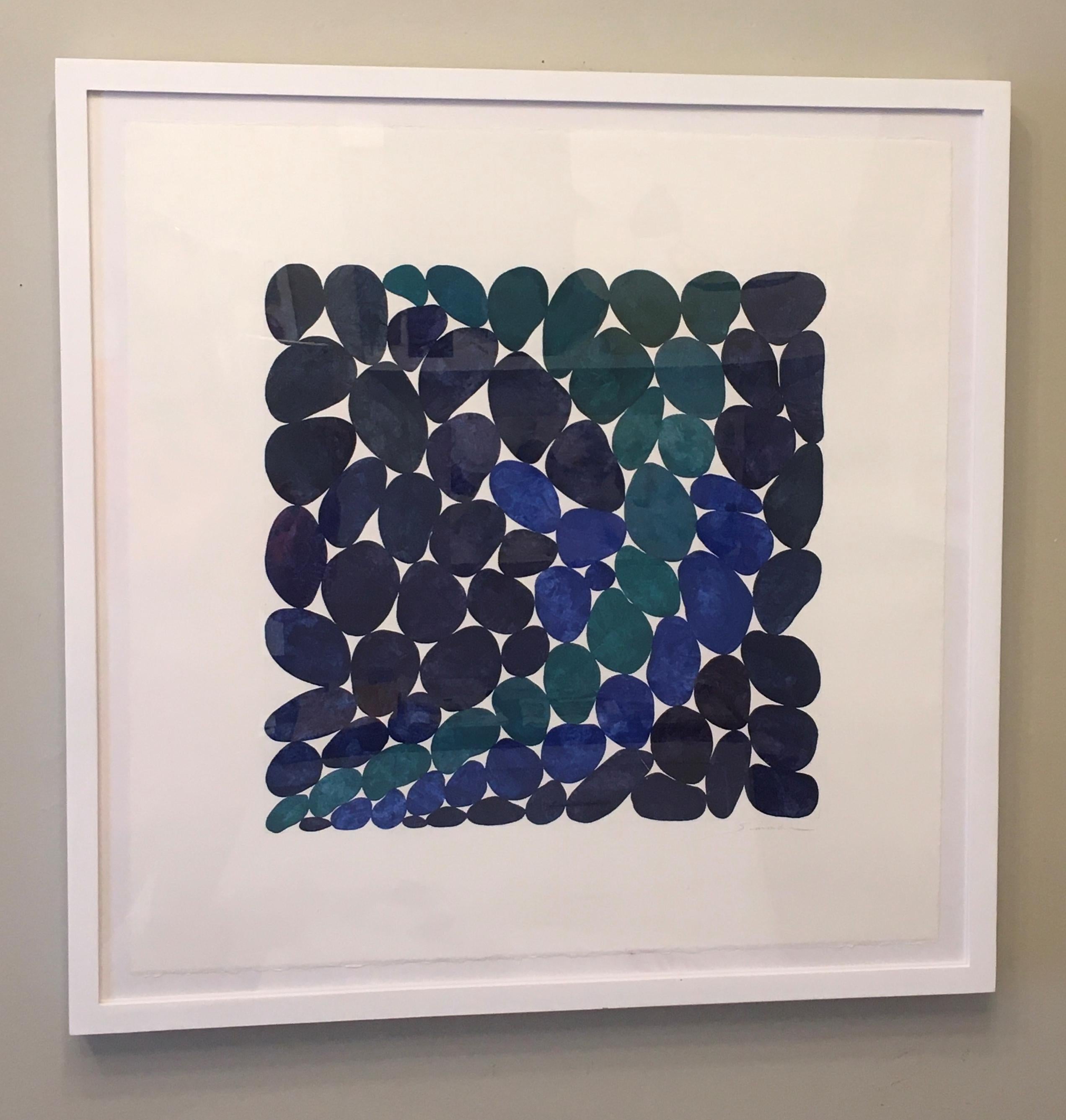 Viridian Arc, Work on Paper, Gouache, Blue, Water, Rocks, Beach house, Framed