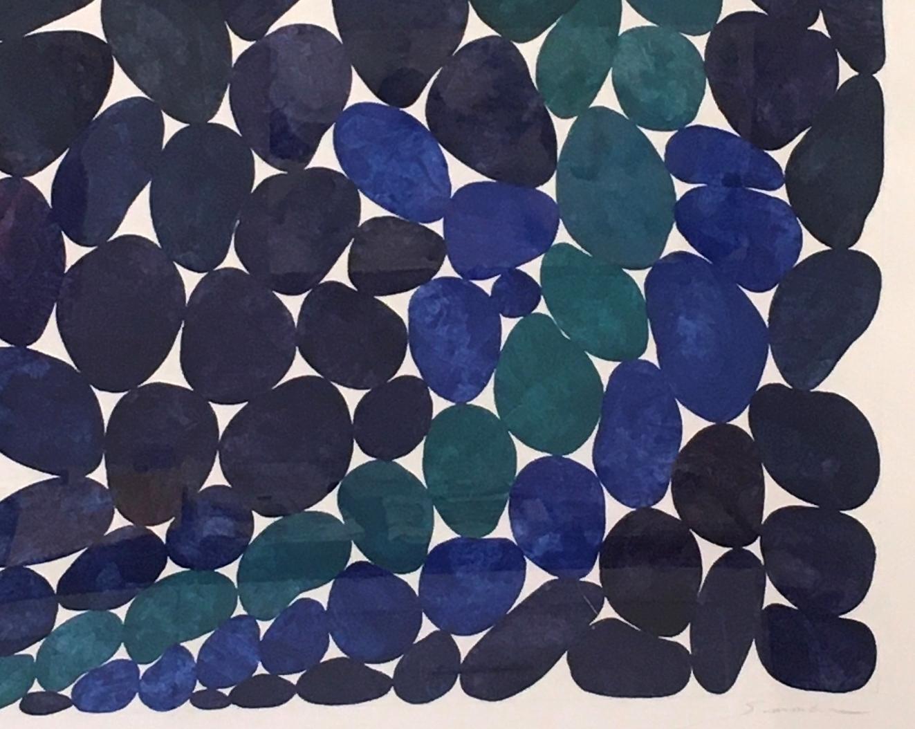 Viridian Arc, Work on Paper, Gouache, Blues, Water, Rocks, Beach house, Framed - Painting by Nancy Simonds