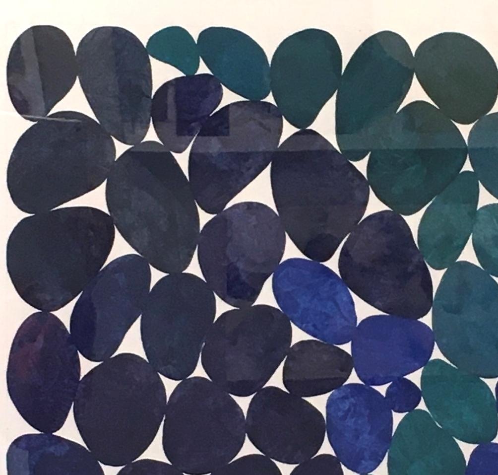 Viridian Arc, Work on Paper, Gouache, Blues, Water, Rocks, Beach house, Framed - Contemporary Painting by Nancy Simonds