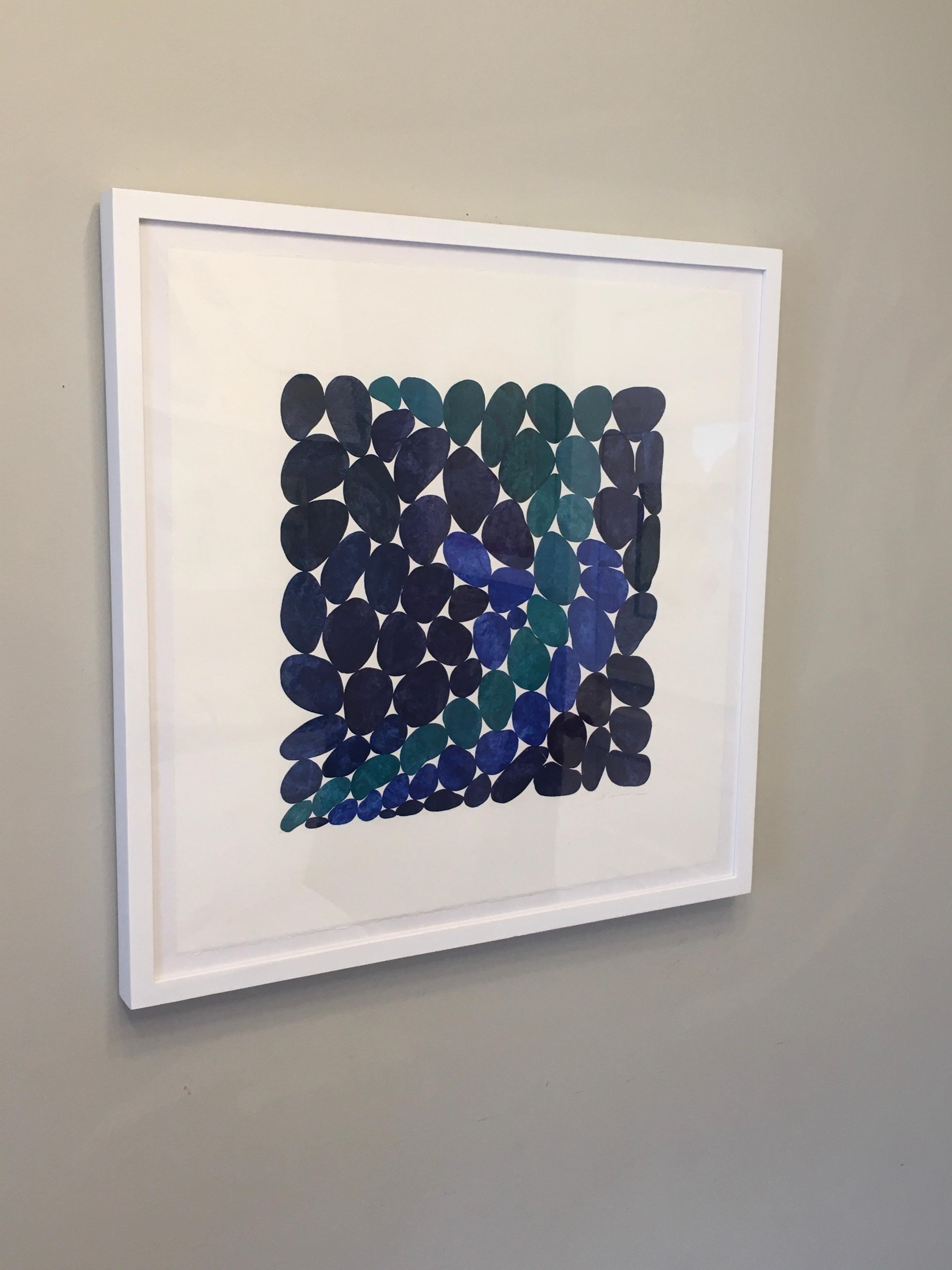Viridian Arc, Work on Paper, Gouache, Blues, Water, Rocks, Beach house, Framed - Beige Abstract Painting by Nancy Simonds