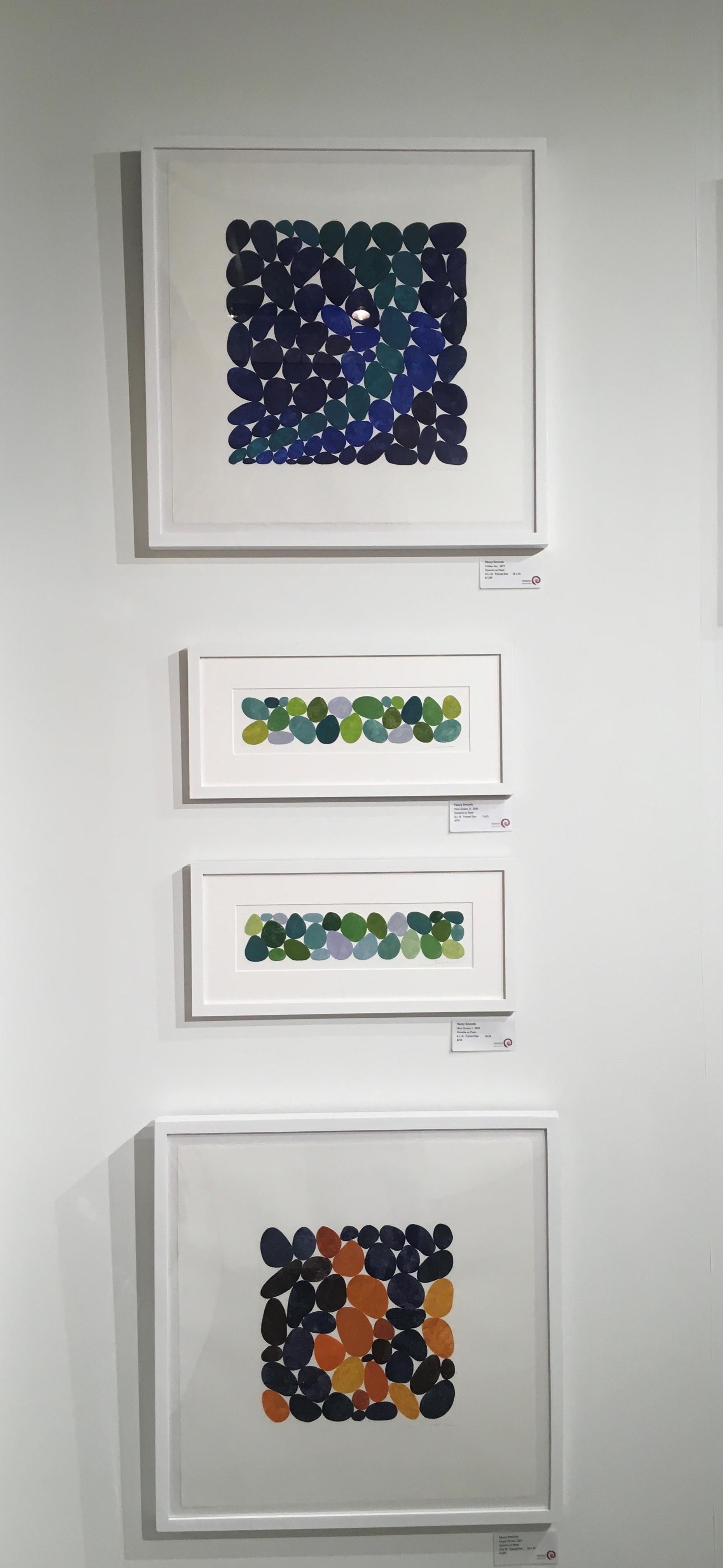 Viridian Arc is a unique Gouache on Paper artwork.  The image is 15 x 15 on 22 x 22 inch archival paper.  It is currently framed to 25 x 25 with a white frame.

According to Boston Artist, Nancy Simonds: “I make large-scale abstract gouache