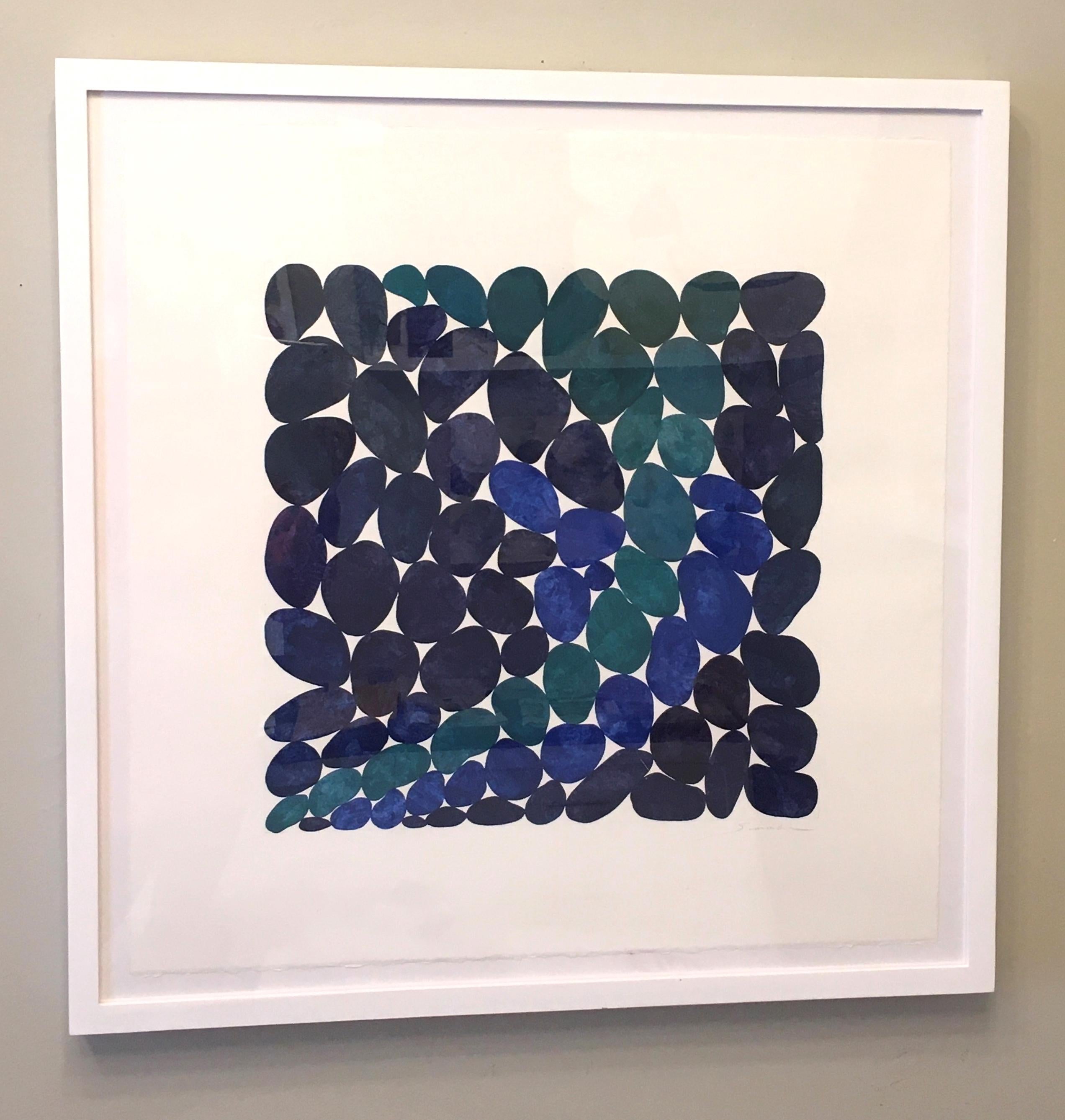 Viridian Arc, Work on Paper, Gouache, Blues, Water, Rocks, Beach house, Framed For Sale 1