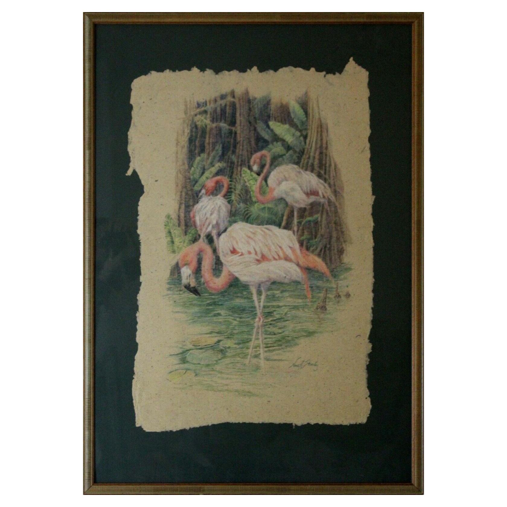 Nancy Strailey Flamingo Colored Pencil Drawing on Parchment Paper