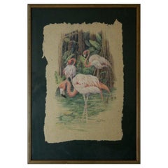 Vintage Nancy Strailey Flamingo Colored Pencil Drawing on Parchment Paper