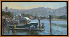 Vintage "Alameda Afternoon" Plein air oil painting of lake harbor and boat during Spring