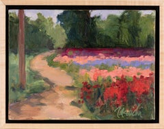 Path Through Sweet Peas - Plein-Air Oil Painting of Flowers, Dirt Path & Trees 