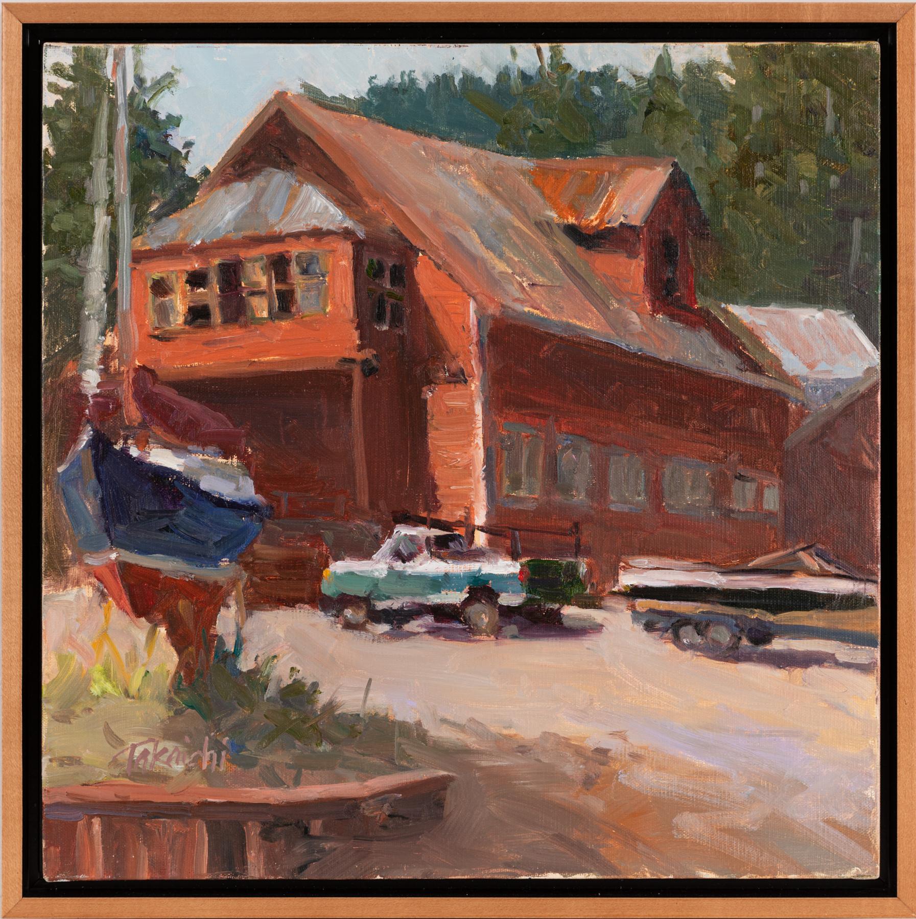 Red Relic - Plein-Air Oil Painting of Red Cabin, Truck and Boats 
