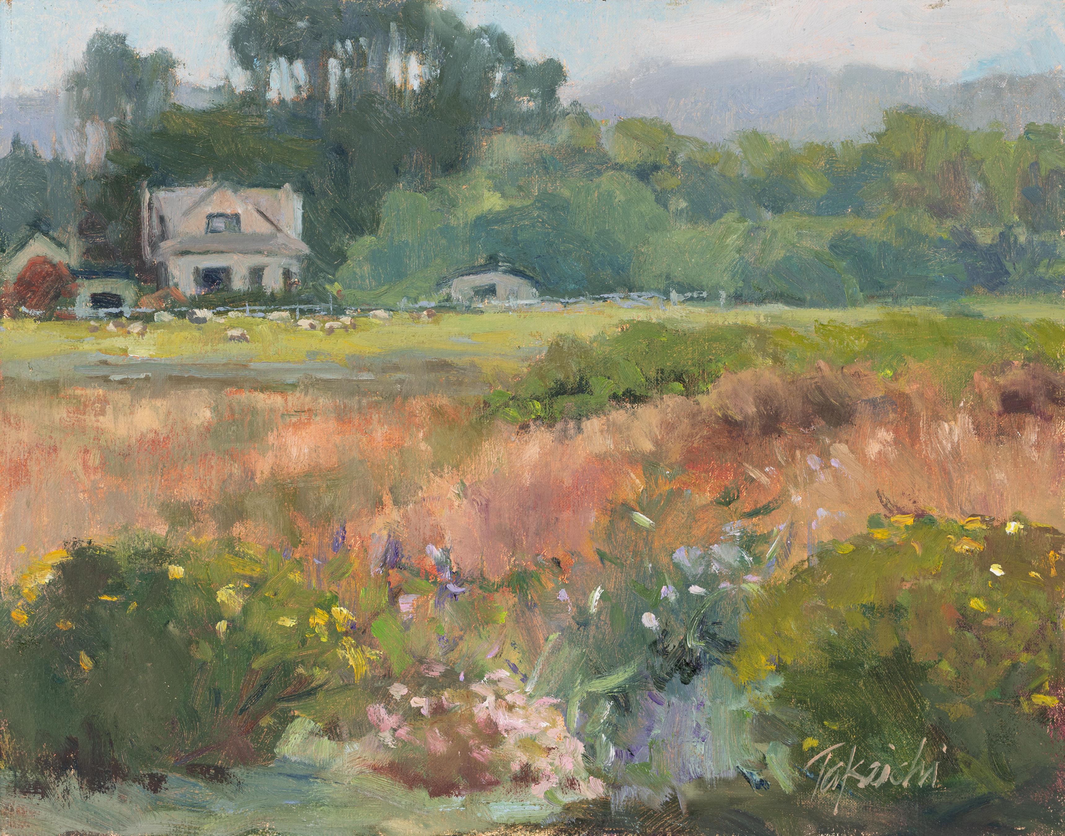 Landscape Painting Nancy Takaichi - « Printemps à Mission Ranch » Peinture à l'huile en plein air d'un ranch de la vallée de Carmel + maison