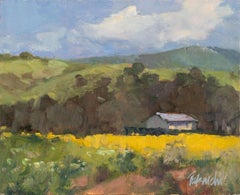 „Spring in Calero“ Pleinair-Ölgemälde eines pastoralen Hauses inmitten von Blumen