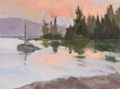 Vintage "Stillness" is a plein air oil painting of a forest shore by Nancy Takaichi