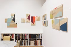 'One Perspective' colorful minimalist work on panel, wood grain, Carmen Herrera