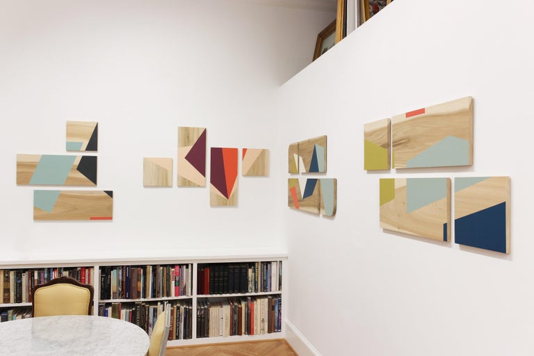'One Perspective' colorful minimalist work on panel, wood grain, Carmen Herrera - Abstract Geometric Painting by Nancy Talero