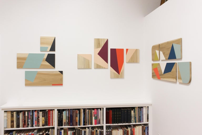 'One Perspective' colorful minimalist work on panel, wood grain, Carmen Herrera - Beige Abstract Painting by Nancy Talero