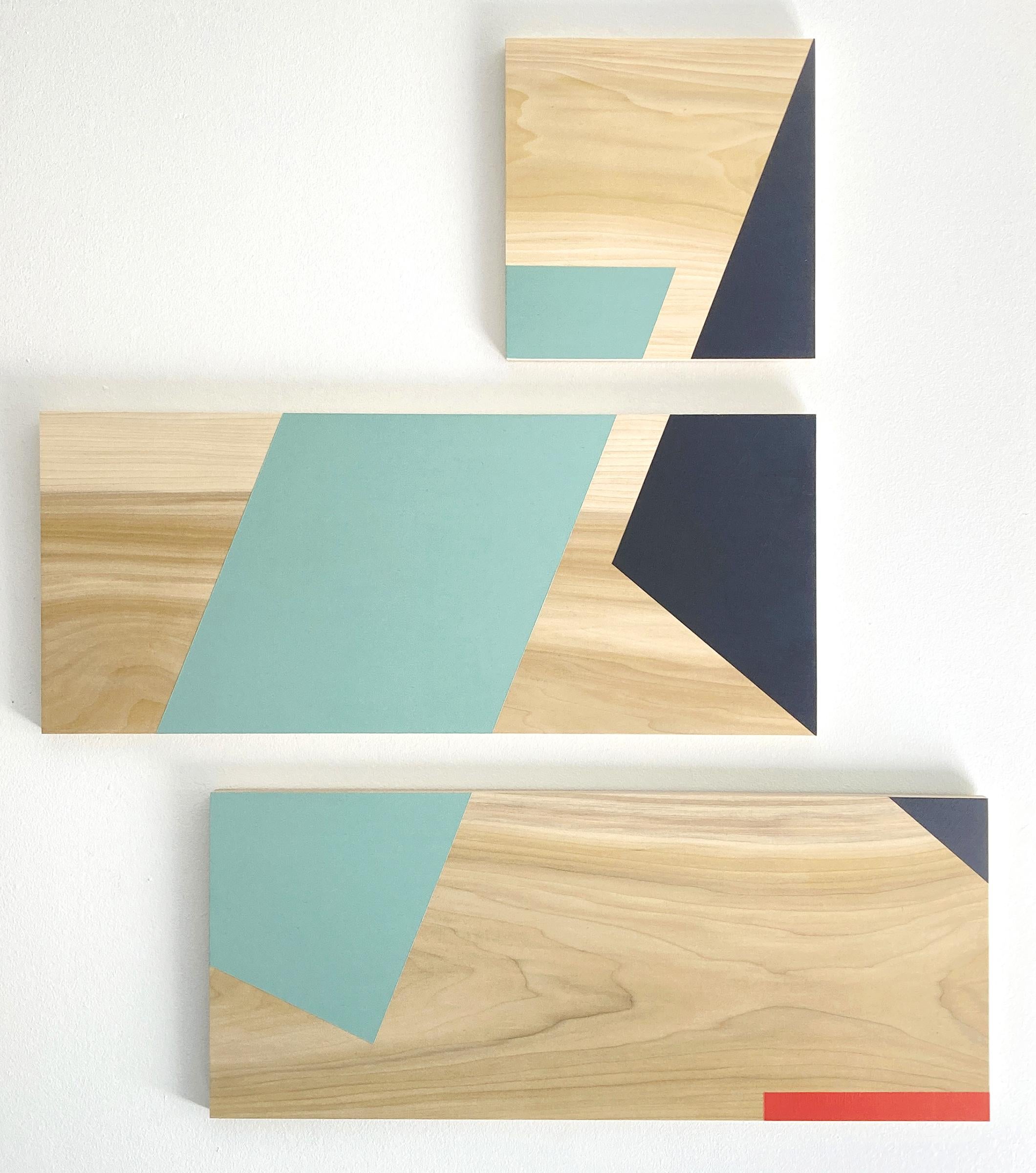 Nancy Talero Abstract Painting – „One Perspective“, farbenfrohes minimalistisches Werk auf Tafel, Holzmaserung, Carmen Herrera