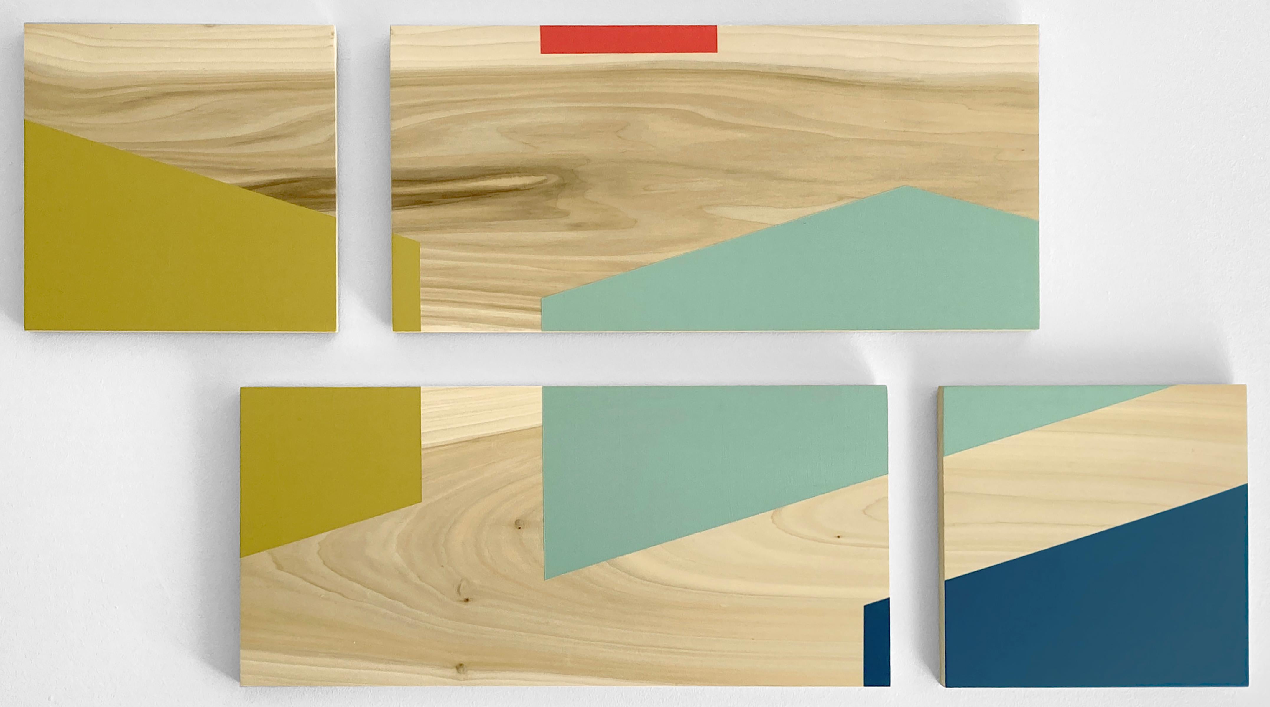 'Orbit' - colorful minimalist work on panel - wood grain - Carmen Herrera