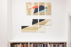Œuvre minimaliste colorée « Point of View » sur panneau, grain de bois, Carmen Herrera