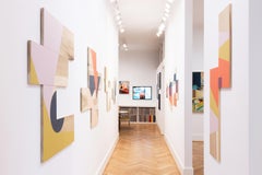 'Radiate' colorful minimalist work on panel, wood grain, long, slim