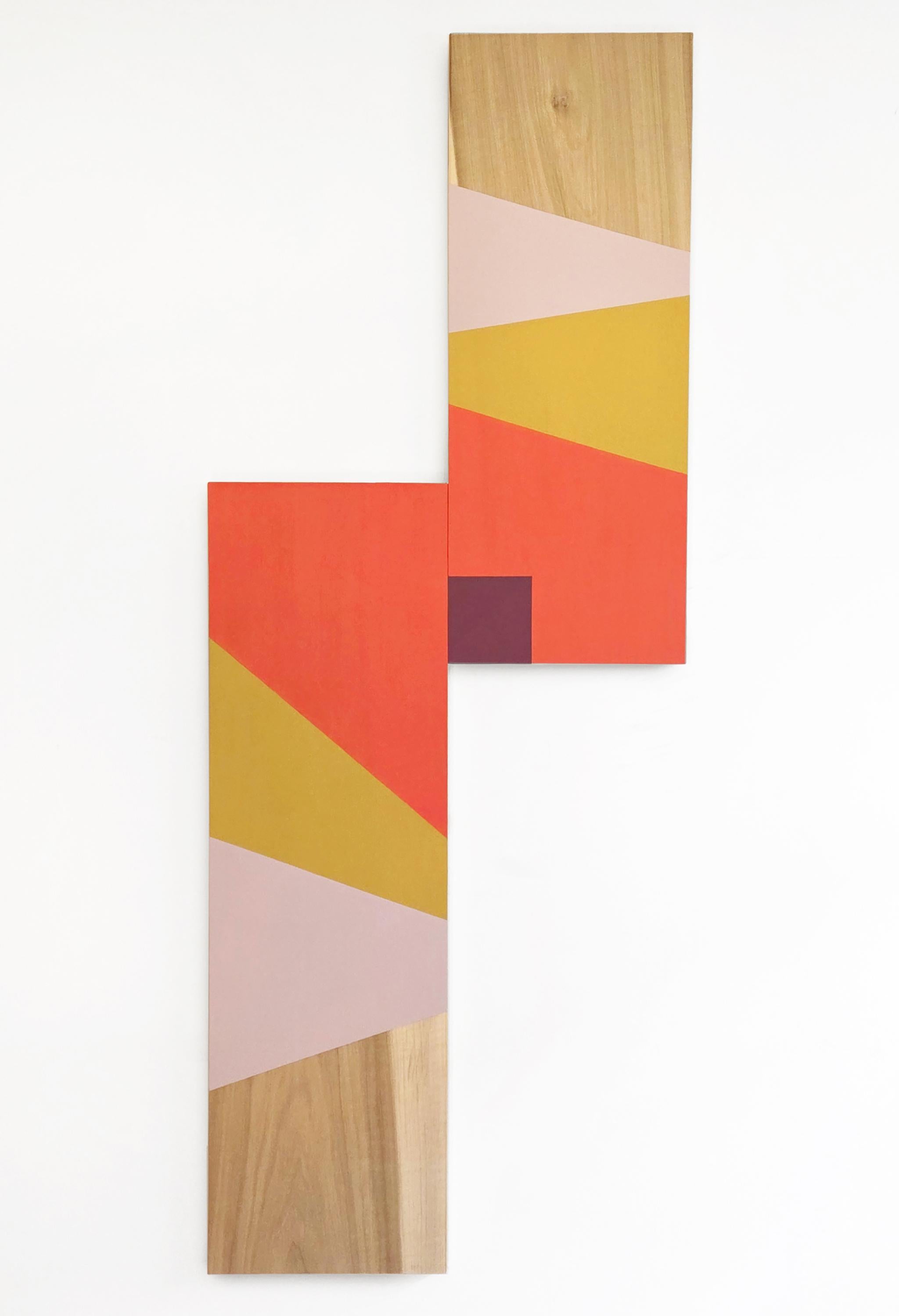 Radiate" farbenfrohe minimalistische Arbeit auf Platte, Holzmaserung, lang, schlank