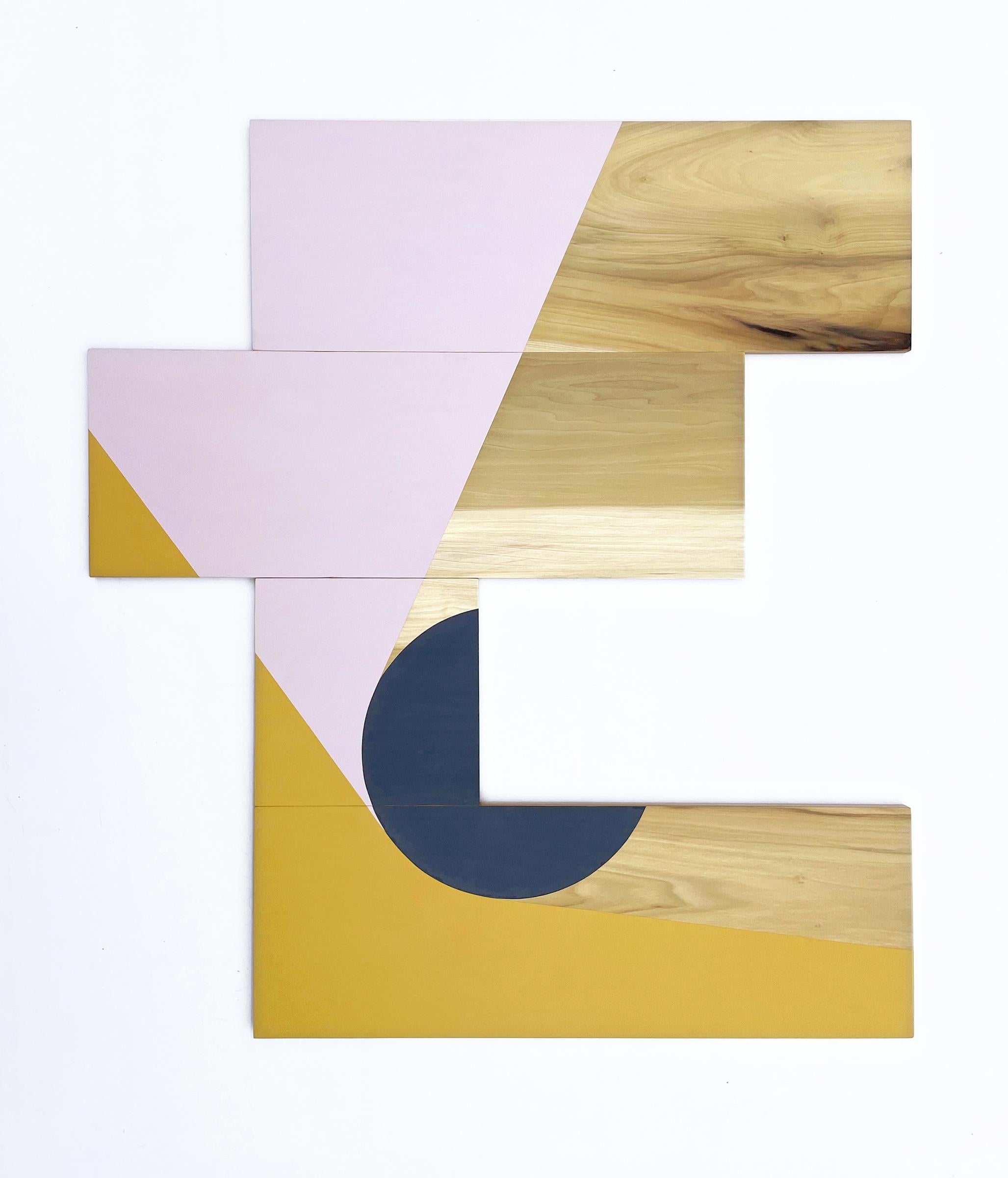 'Resistance' colorful minimalist work on panel, wood grain, purple