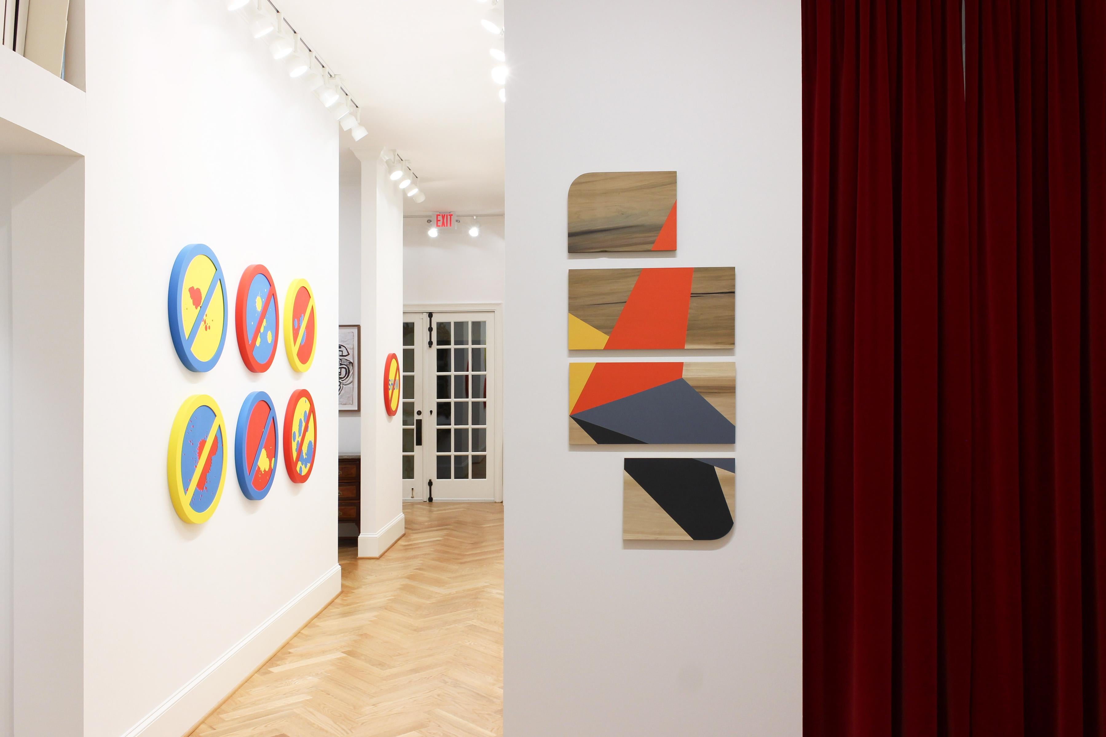 'Revolution' colorful minimalist work on panel, wood grain, Carmen Herrera - Painting by Nancy Talero