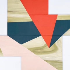 Trajectoire' œuvre minimaliste colorée sur panneau, grain de bois, rouge, triangle