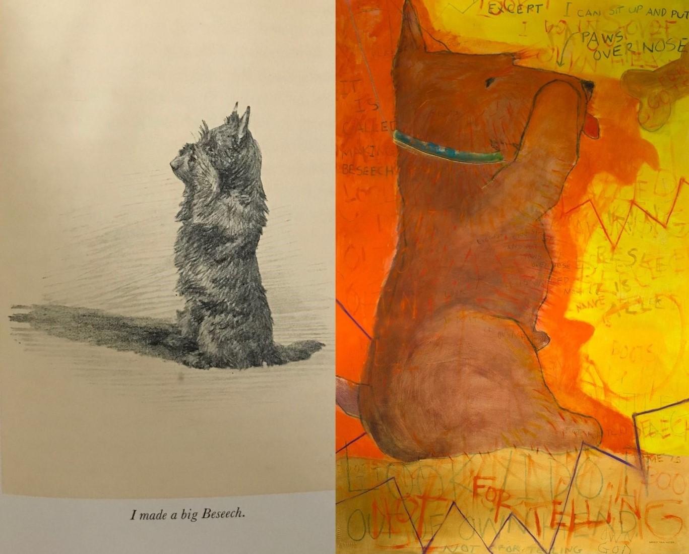 Leuchtend helle Erdfarben zeitgenössisches Hunde-/Scottie-Acrylgemälde mit Text auf Papier – Painting von Nancy Van Meter