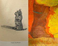 Bright earth colors contemporary dog/Scottie acrylic painting with text on paper