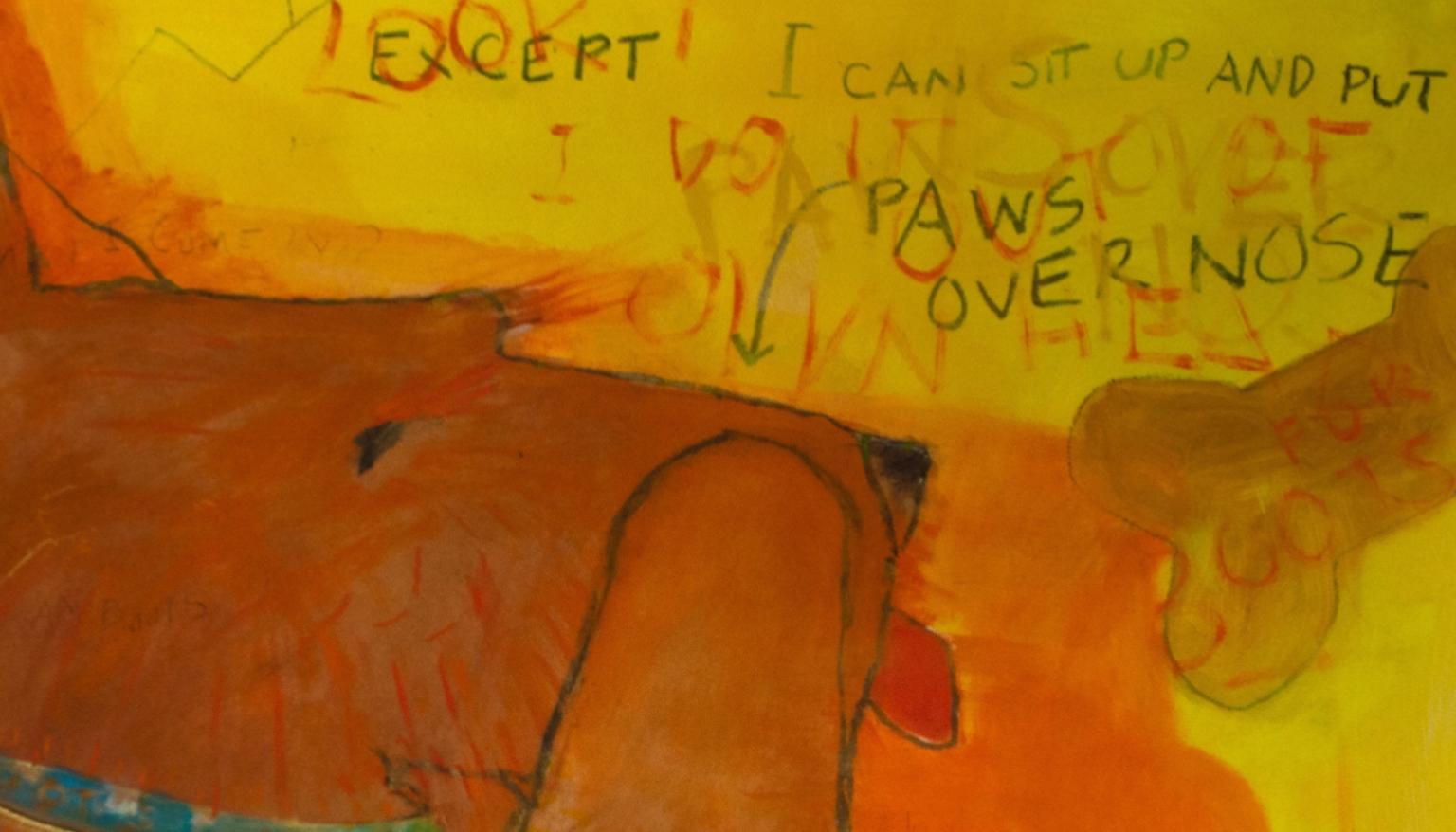 Peinture acrylique contemporaine chien/Scottie aux couleurs de terre vives avec texte sur papier - Contemporain Painting par Nancy Van Meter