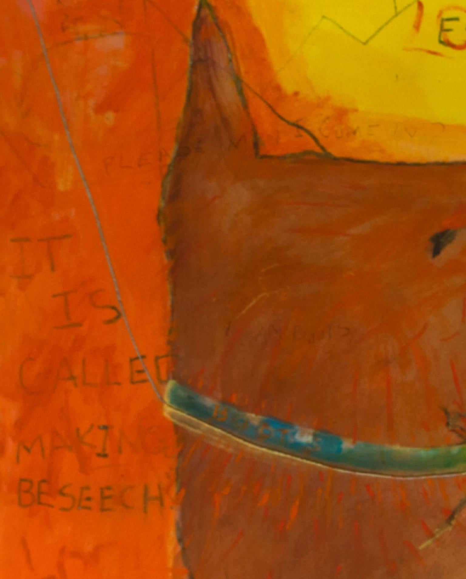Leuchtend helle Erdfarben zeitgenössisches Hunde-/Scottie-Acrylgemälde mit Text auf Papier (Braun), Abstract Painting, von Nancy Van Meter