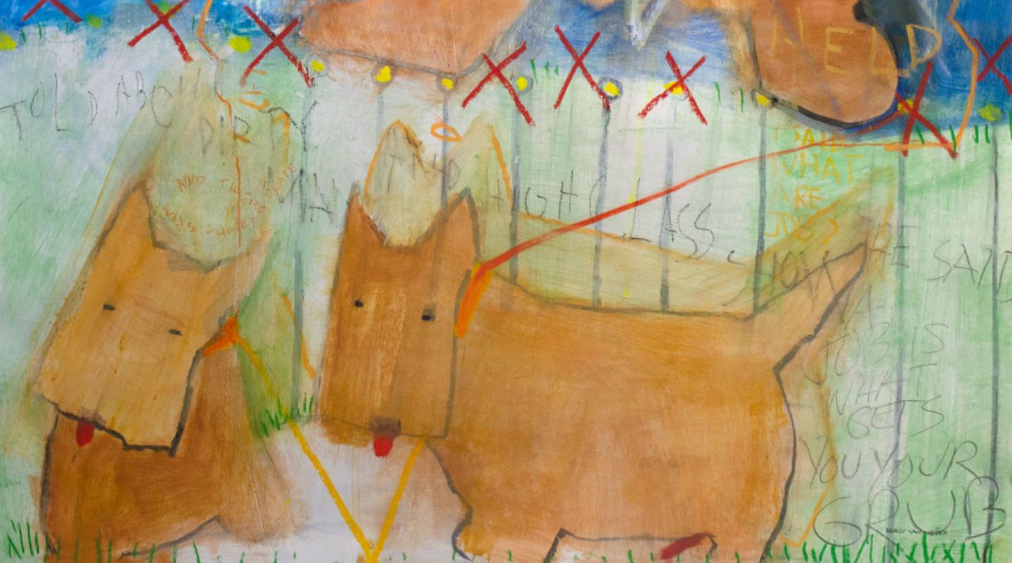 Bunter zeitgenössischer Hund/Scottie in Frills/i.e.Tutus mit Text Acryl auf Papier – Painting von Nancy Van Meter