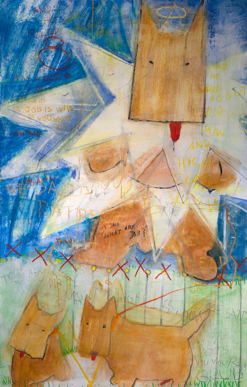 Nancy Van Meter Abstract Painting – Bunter zeitgenössischer Hund/Scottie in Frills/i.e.Tutus mit Text Acryl auf Papier