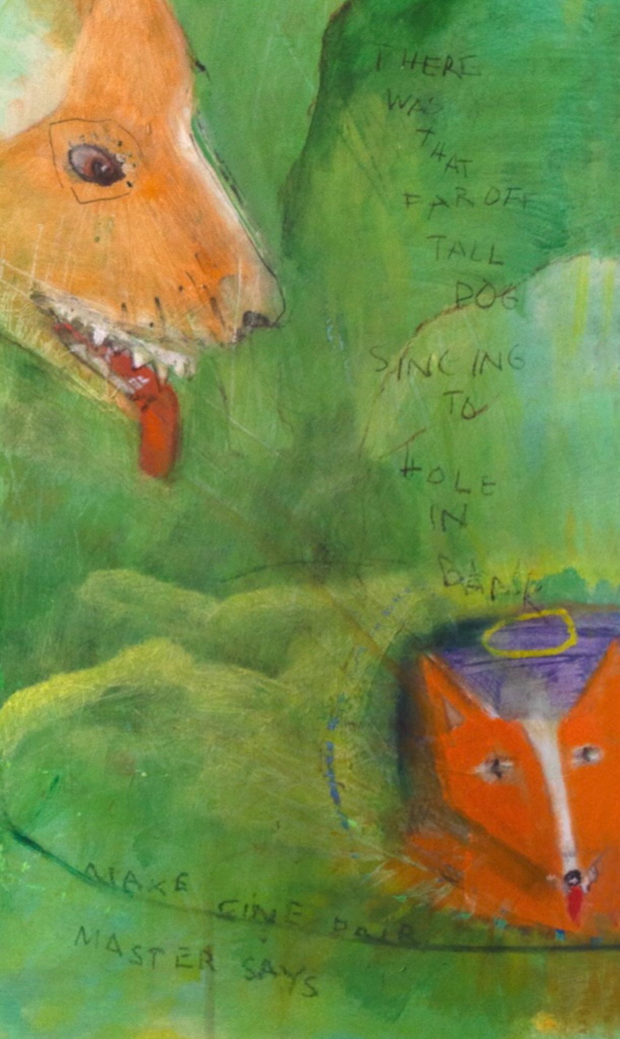 Peinture acrylique contemporaine verte colorée représentant un chien/un lévrier et un chien de chasse avec texte sur papier - Painting de Nancy Van Meter