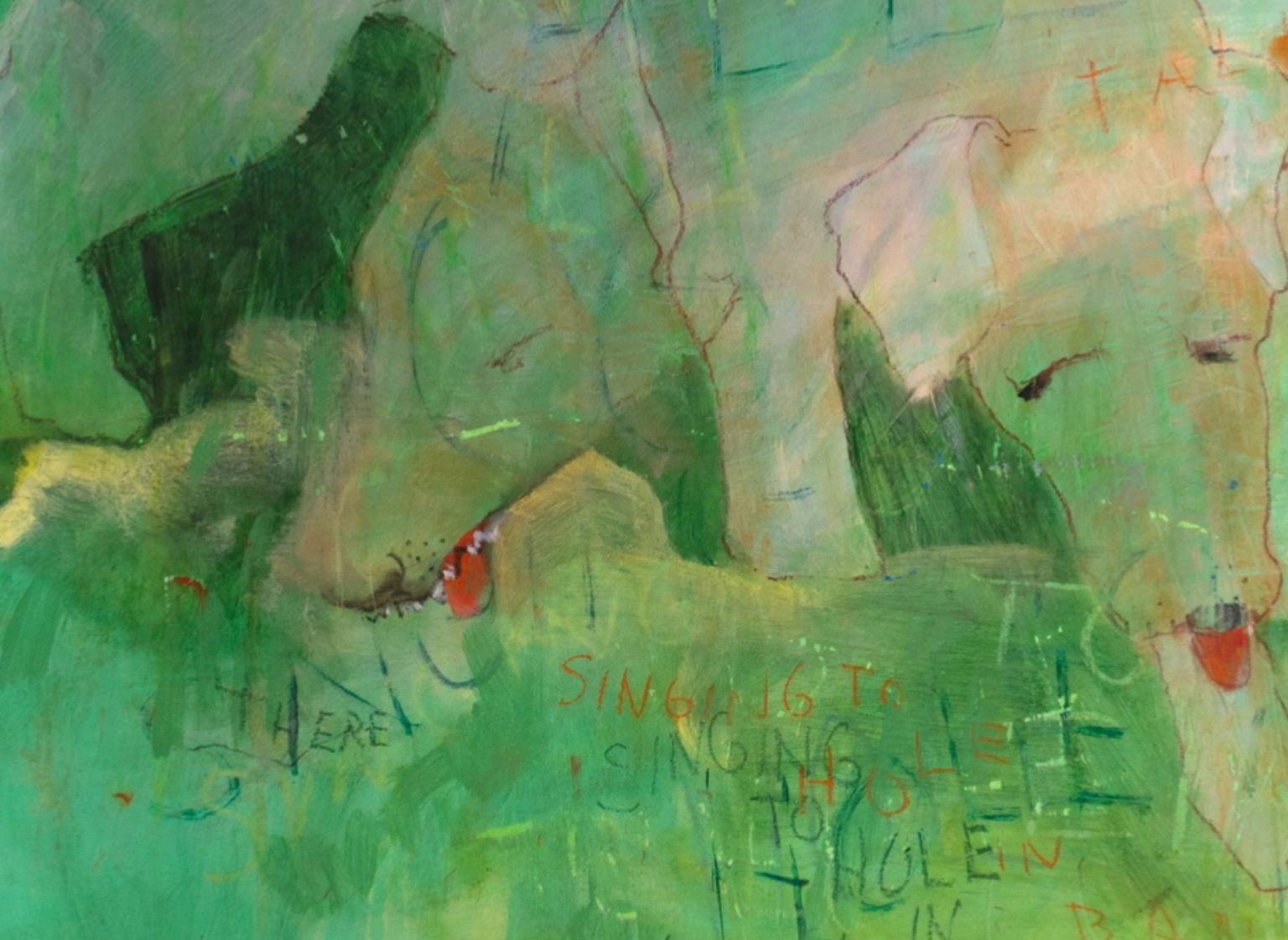 Peinture acrylique contemporaine verte colorée représentant un chien/un lévrier et un chien de chasse avec texte sur papier - Contemporain Painting par Nancy Van Meter