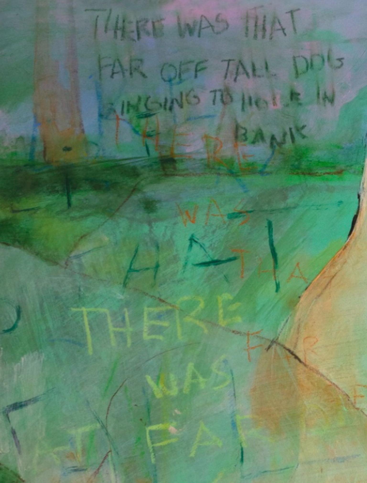 Buntes grünes zeitgenössisches Hunde-/Fuchshund-Acrylgemälde mit Text auf Papier (Grün), Abstract Painting, von Nancy Van Meter