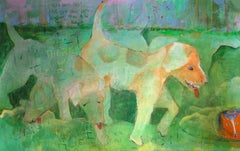 Vintage Colorful green contemporary Dog/Foxhound acrylic painting with text on paper