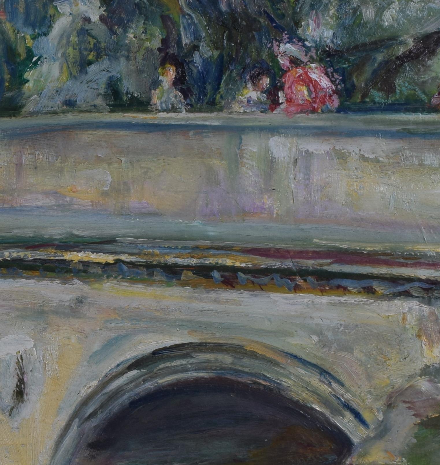 Nancy Huntly Trinity College Bridge Cambridge oil on canvas mid century - Painting by Nancy Weir Huntly