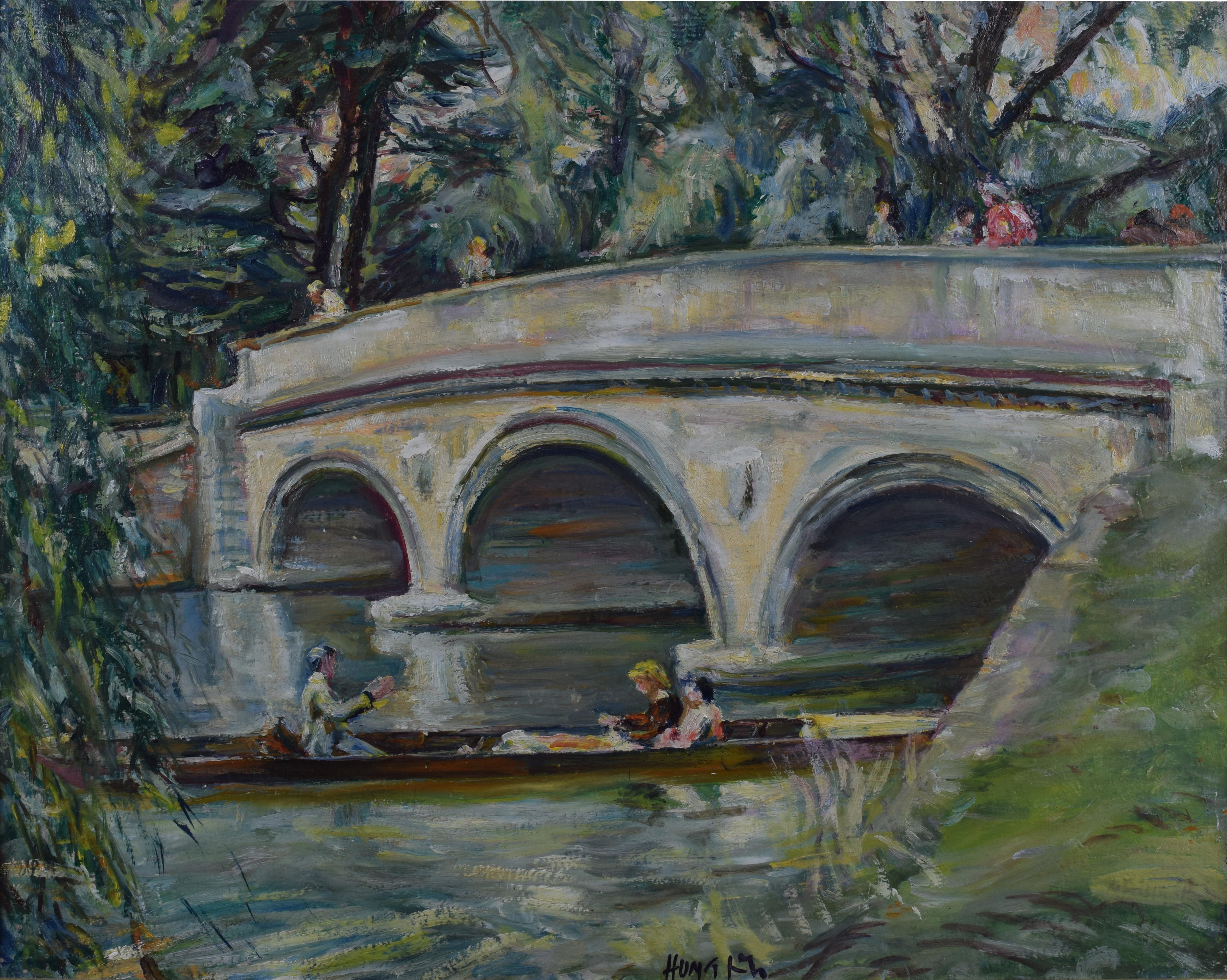 Landscape Painting Nancy Weir Huntly - Nancy Huntly, huile sur toile Bridge Cambridge du Trinity College, milieu du siècle dernier