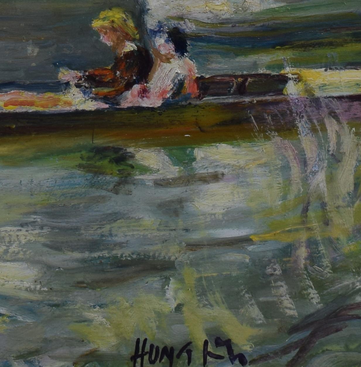 Nancy Huntly, huile sur toile Bridge Cambridge du Trinity College, milieu du siècle dernier - Noir Landscape Painting par Nancy Weir Huntly