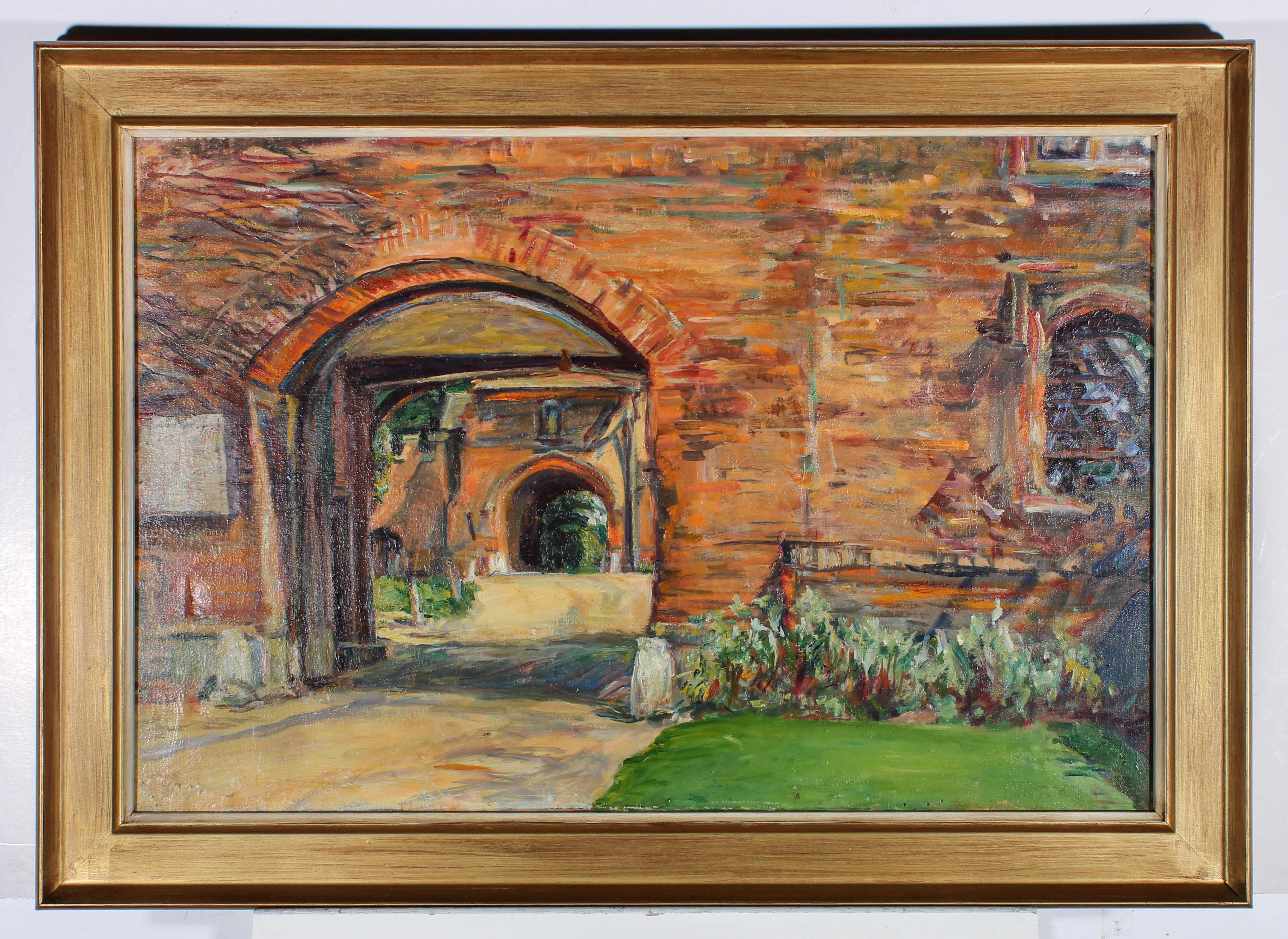 Nancy Weir Huntly - Olio incorniciato della metà del XX secolo, Vista del cortile della stalla in vendita 2