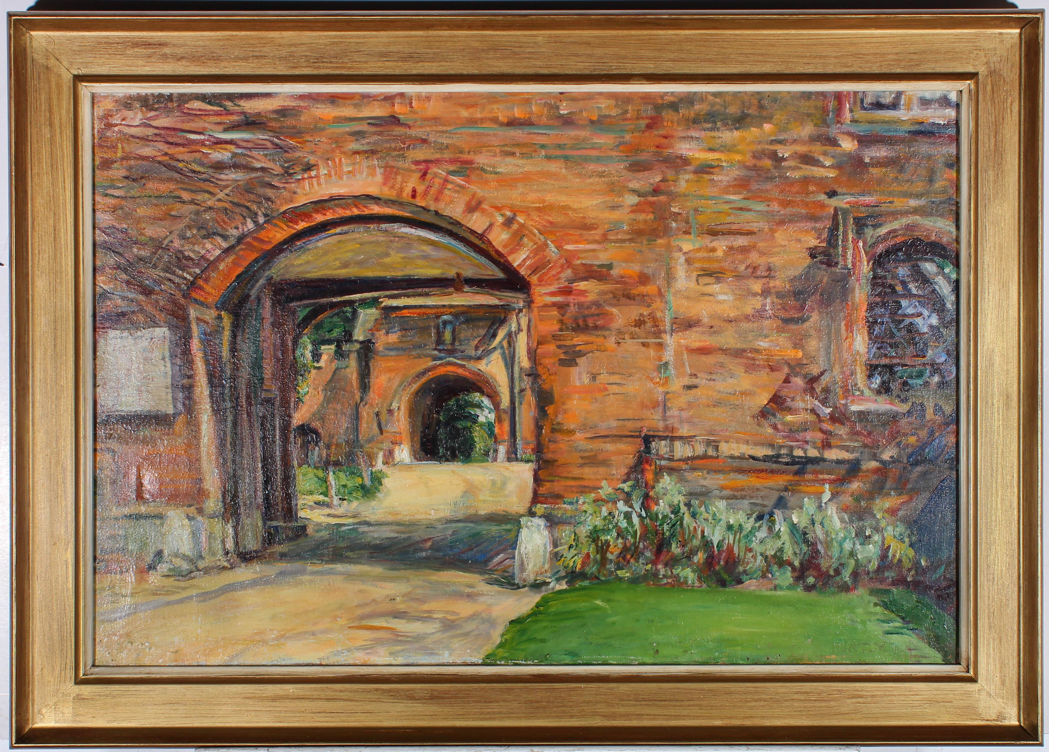 A charming oil painting by Nancy Weir Huntly depicting a continuous view through two arched entrances into a grand stable courtyard. The painting is very modern in its appearance with bold brushwork and bright colours. Indistinctly signed to the