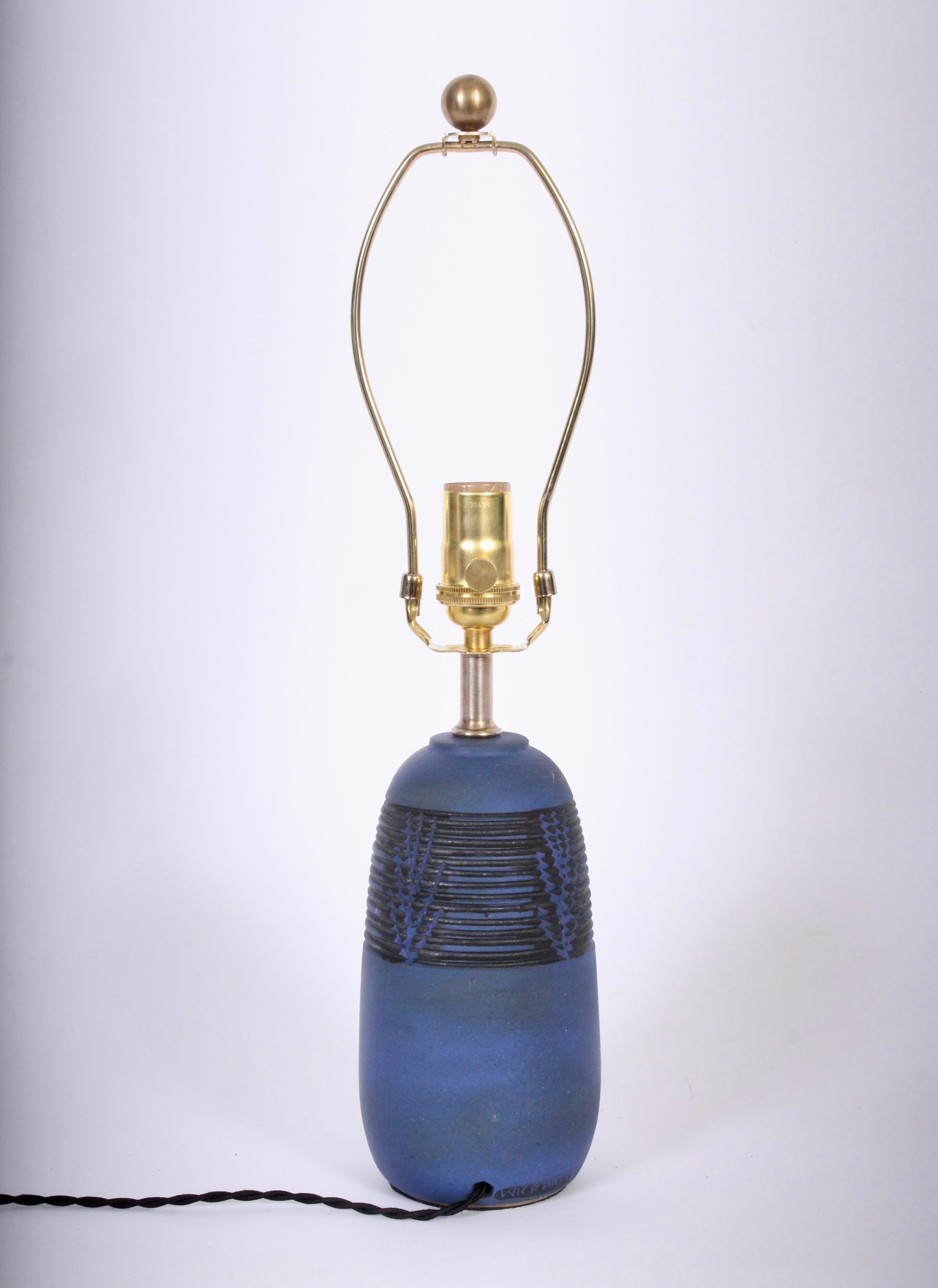 Mid-Century Modern Petite Nancy Wickham for Design Technics Incised Blue Stoneware Lamp, circa 1950