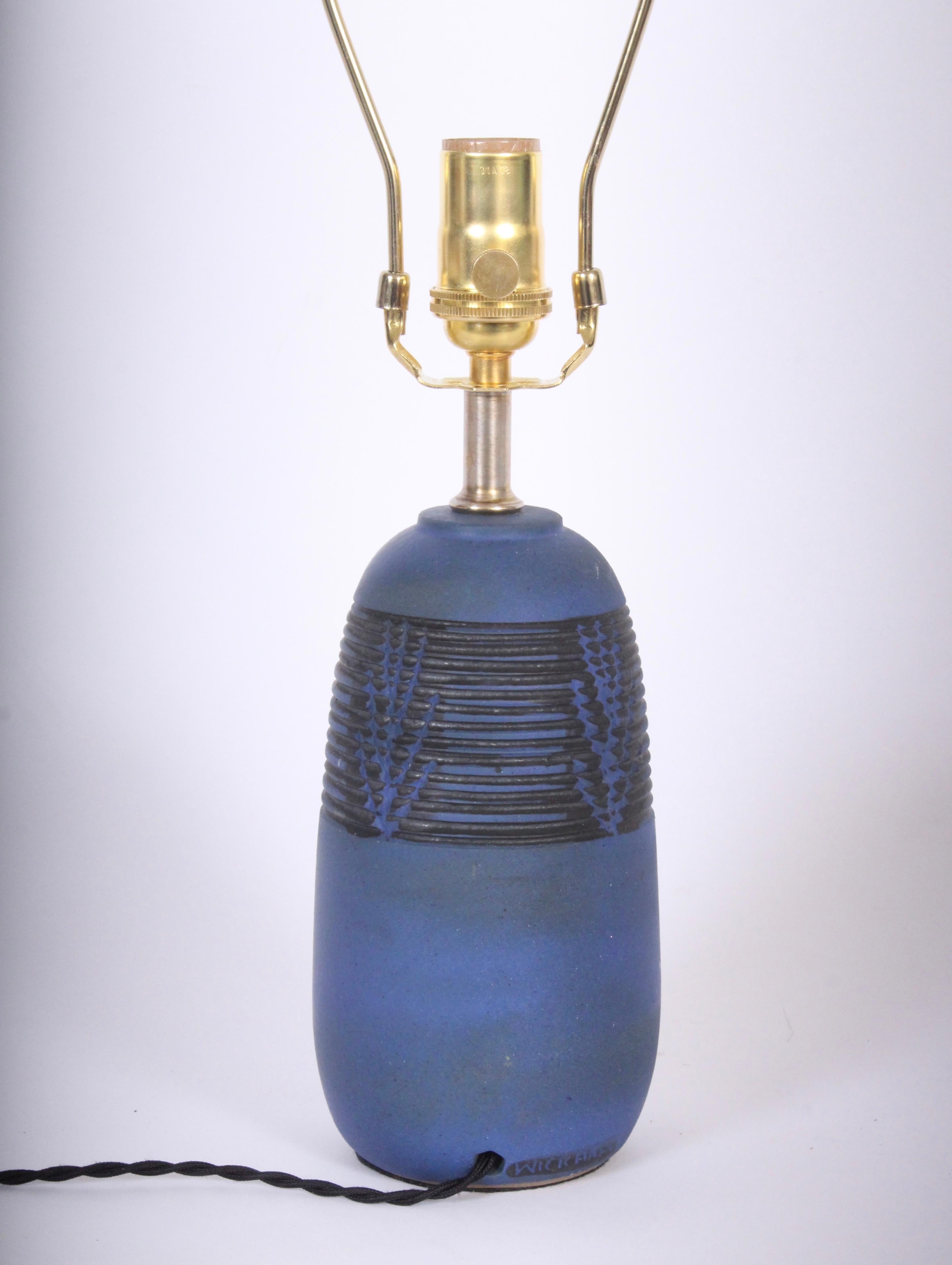 Petite Nancy Wickham for Design Technics Incised Blue Stoneware Lamp, circa 1950 In Good Condition In Bainbridge, NY