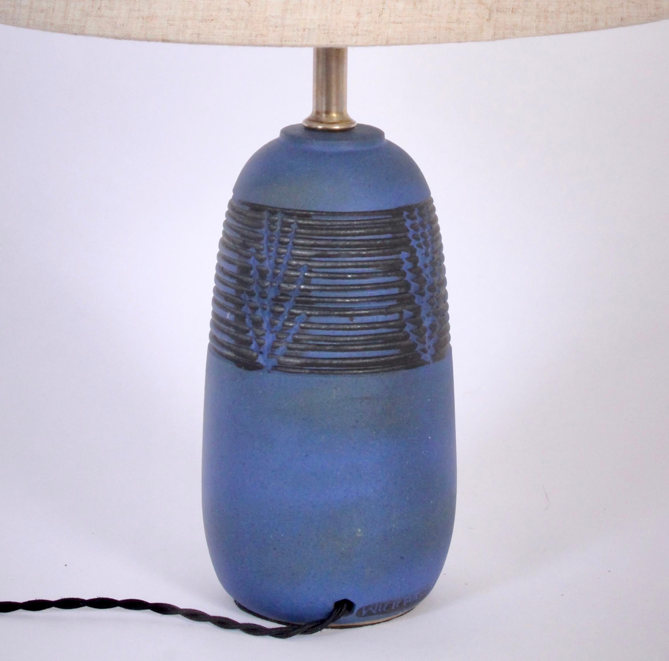 20th Century Petite Nancy Wickham for Design Technics Incised Blue Stoneware Lamp, circa 1950