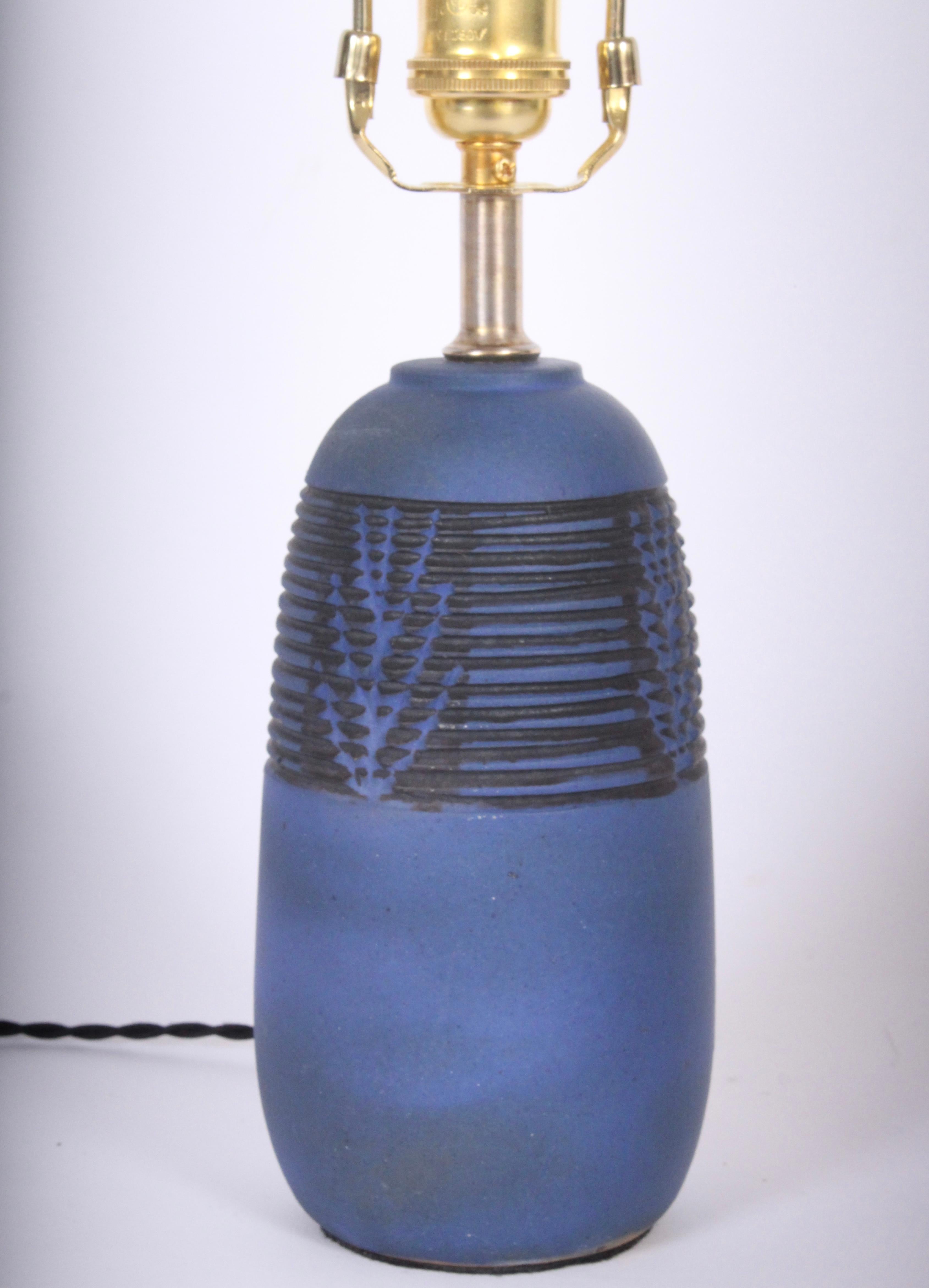 Petite Nancy Wickham for Design Technics Incised Blue Stoneware Lamp, circa 1950 1