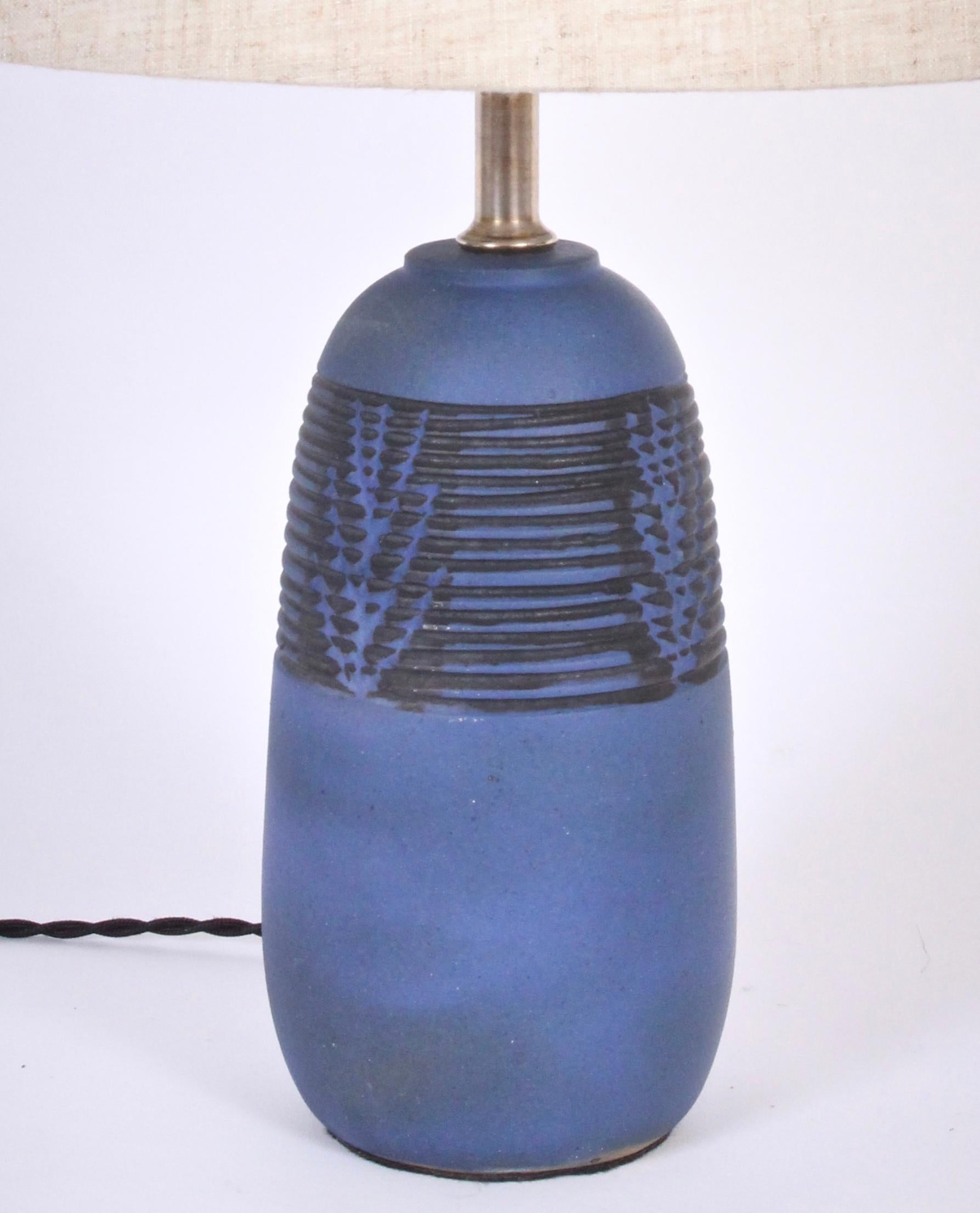 Petite Nancy Wickham for Design Technics Incised Blue Stoneware Lamp, circa 1950 3