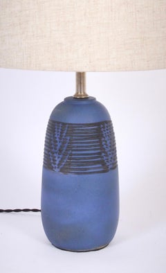Petite Nancy Wickham for Design Technics Incised Blue Stoneware Lamp, circa 1950