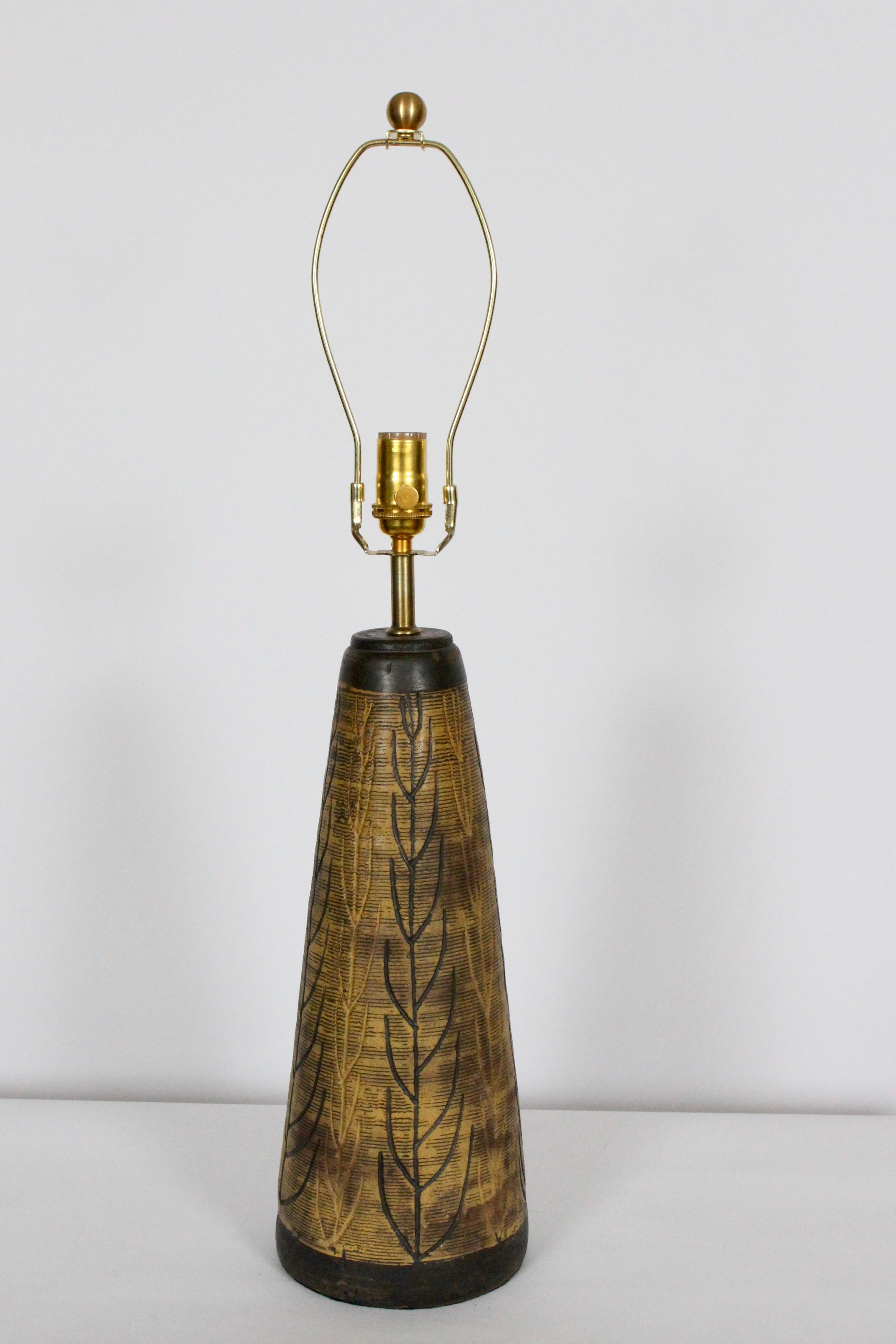 American Nancy Wickham for Design Technics Flora Incised Ceramic Lamp, 1950's For Sale